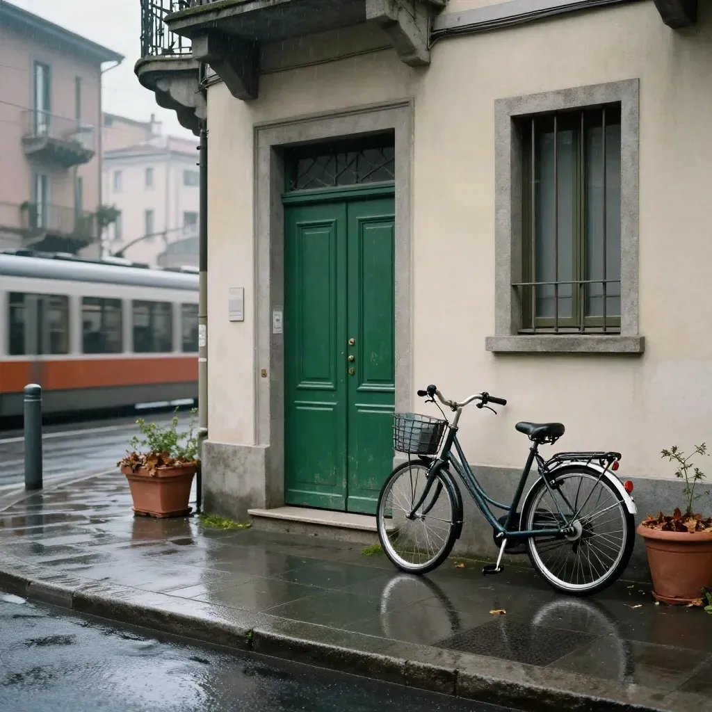 Angolo di quartiere milanese sotto la pioggia con portone verde, bici e tram sfocato.