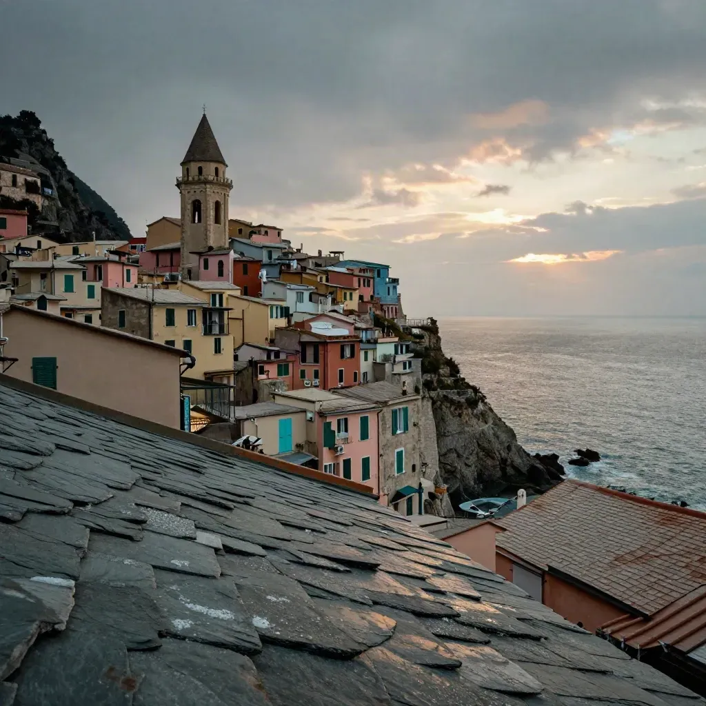 Borgo ligure sul mare al tramonto visto da un tetto di ardesia, case pastello e scogliera bagnata.