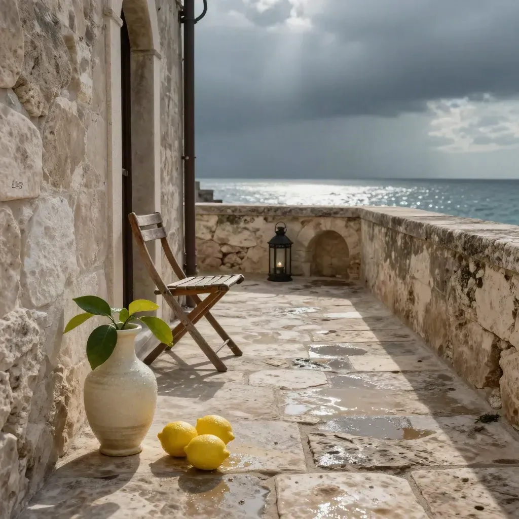 Terrazza in pietra leccese bagnata, limoni, sedia pieghevole, lanterna e mare all’alba