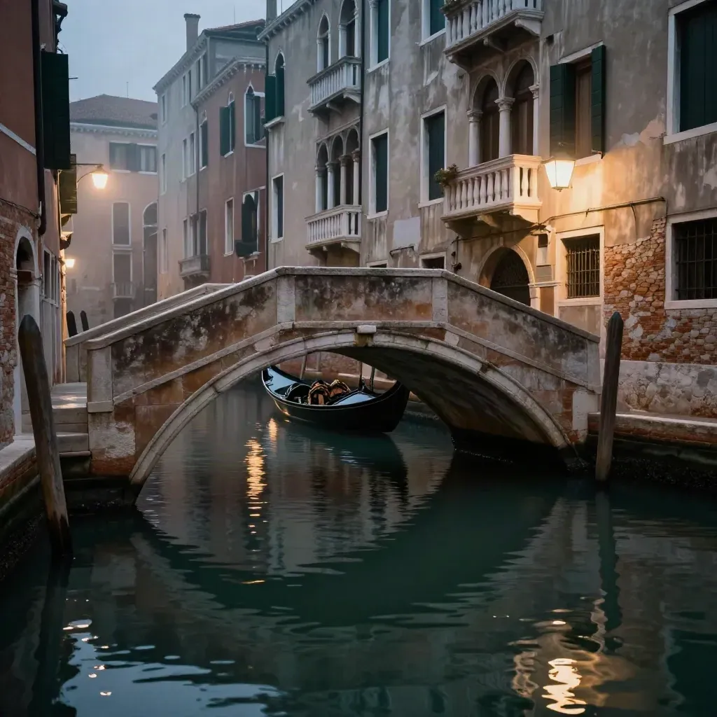 Canale veneziano al tramonto con ponte in pietra, gondola all’ombra e luci riflesse sull’acqua.