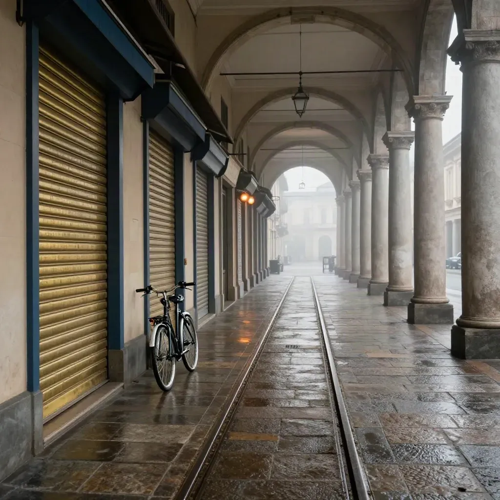 Portici torinesi nella nebbia, binari del tram e una bici sola davanti a caffè chiusi.
