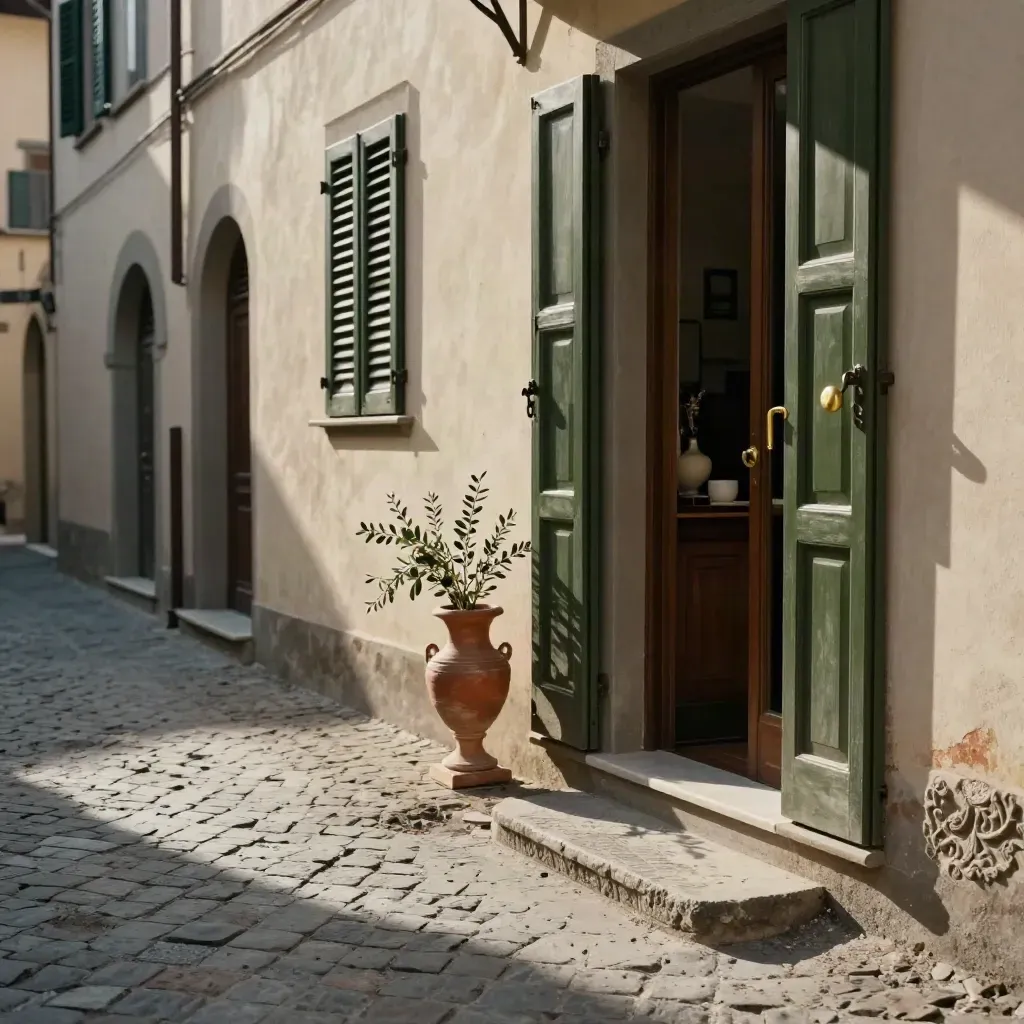 Vicolo lastricato di Firenze con bottega artigiana, soglia in pietra e vaso di ulivo in luce calda