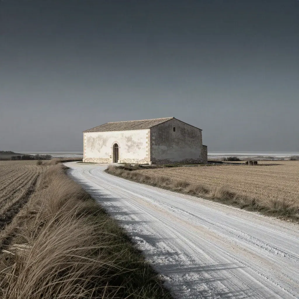 Masseria pugliese isolata con strada bianca, erba secca e mare grigio nella foschia invernale.