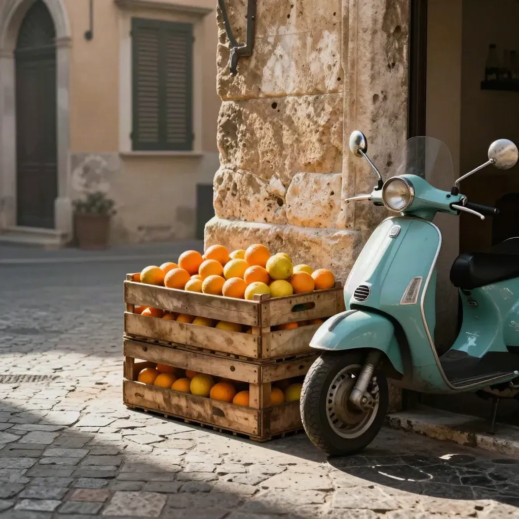 Piazza siciliana con portale in pietra, cassette di agrumi e scooter in luce calda.