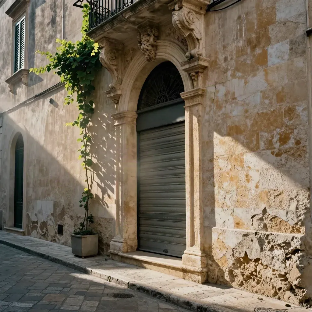 Vicolo barocco di Lecce in pietra chiara, caffè chiuso e sole del mattino sulla polvere.