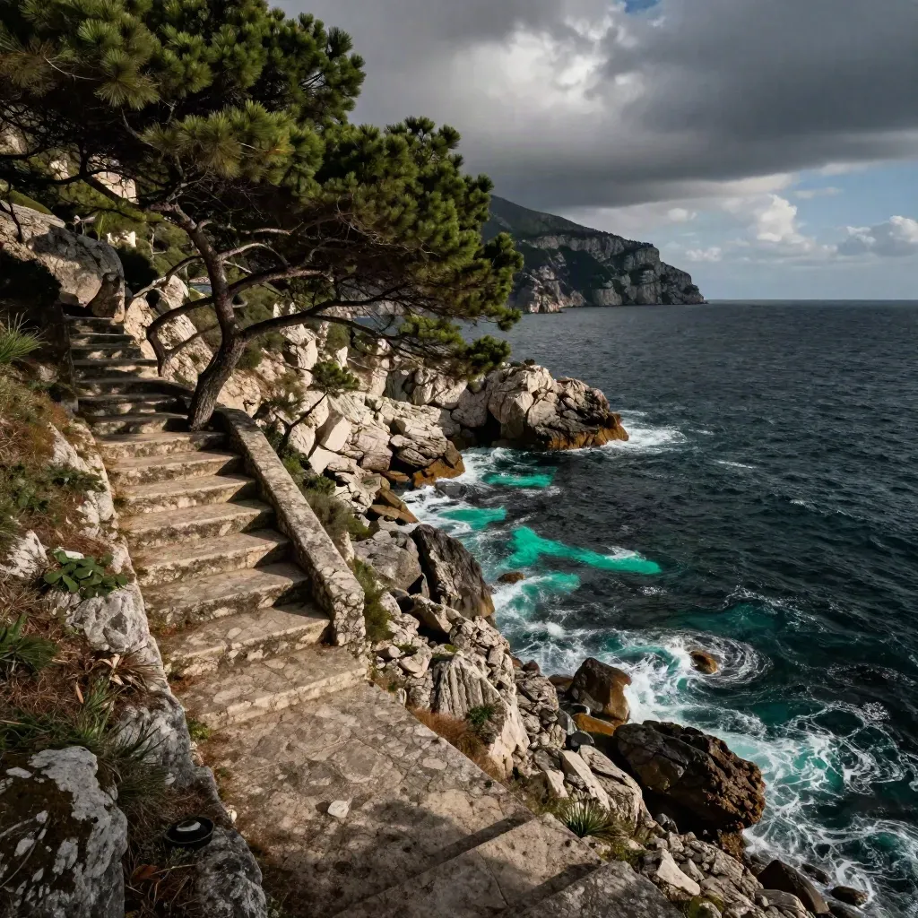 Sentiero del Cilento sopra una cala nascosta, tra pini marittimi e mare scuro in burrasca.