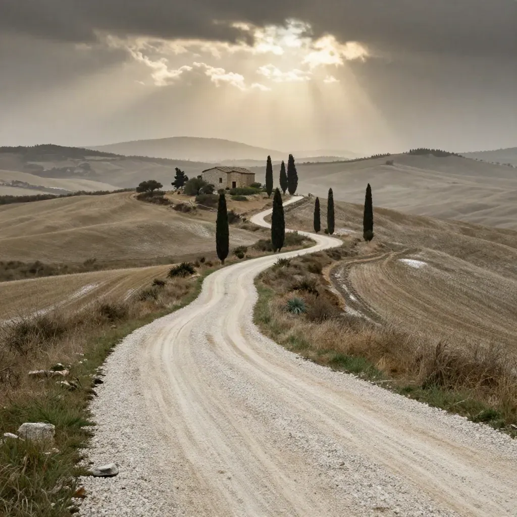 Strada bianca della Val d’Orcia con cipressi, podere isolato e colline dopo la pioggia.