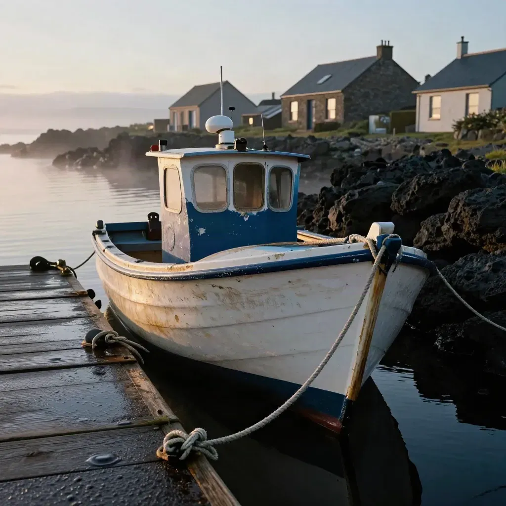 Molo d'isola minore all'alba con barca da pesca legata, scoglio lavico, case basse e nebbia.