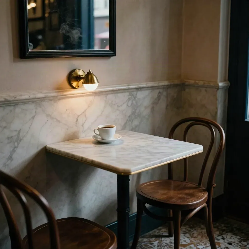 Interno di caffè storico con marmo, specchio scurito, lampada in ottone e tazza su tavolino.