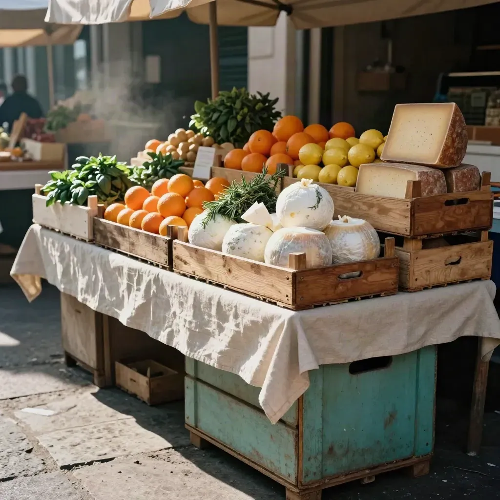Banco del mercato con agrumi, formaggi, erbe fresche e teli di cotone alla luce del mattino.