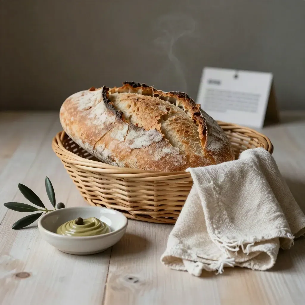 Pane rustico, piatto in ceramica, rametto di ulivo e tovagliolo su legno chiaro.