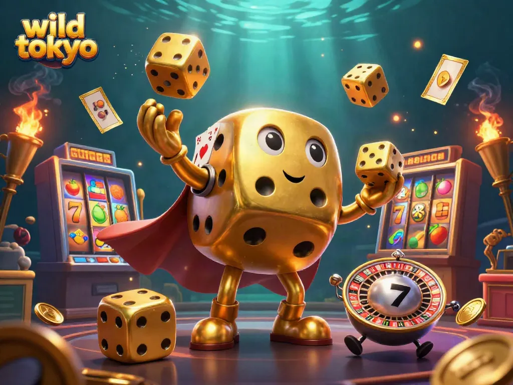 Experience wild tokyo casino magic with a vibrant illustration of dice and slot machines amidst dynamic game elements.